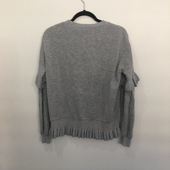Designer Remix gray crew neck sweater with ruffles at hem and mid arm - Picture 2 of 5